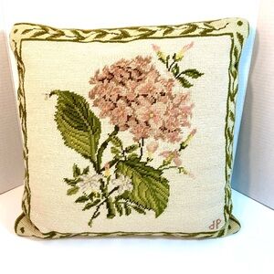 Vintage Needlepoint Hydrangea 16x16 Throw Pillow Velvet Backing